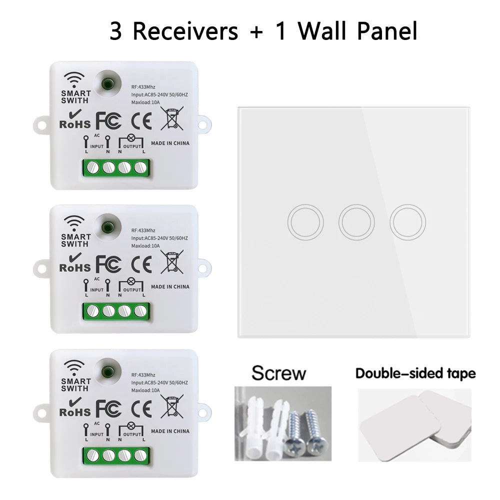 Interruptor de luz inteligente sem fio Mini Relé Receptor 220V 10A 433Mhz RF Controle remoto Botão de toque Painéis de parede para lâmpada doméstica Ventilador LED