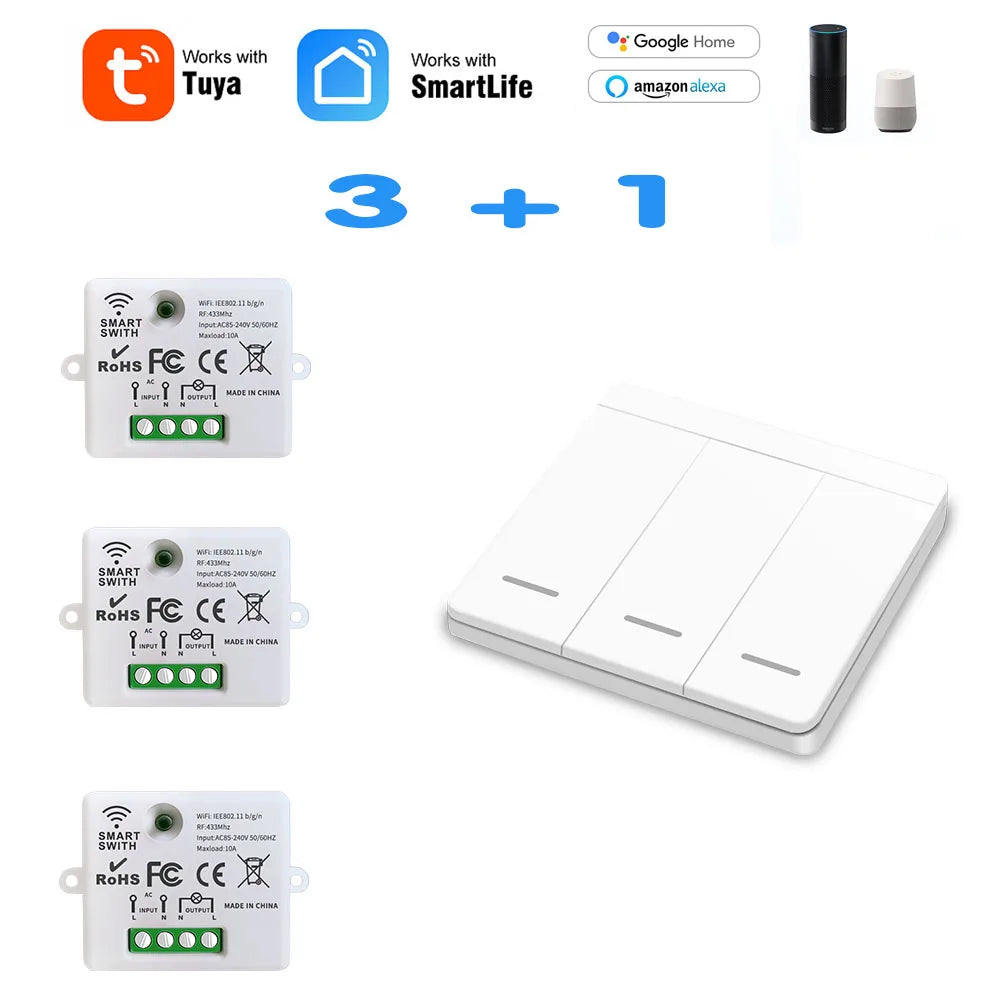 Mini Módulo WIFI Tuya Interruptor de Luz Inteligente Painel de Parede Botão Interruptor 433MHZ Controle Remoto Elétrico Sem Fio para Casa 220V 10A