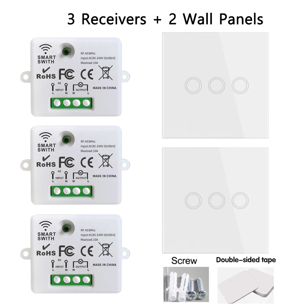 Interruptor de luz inteligente sem fio Mini Relé Receptor 220V 10A 433Mhz RF Controle remoto Botão de toque Painéis de parede para lâmpada doméstica Ventilador LED