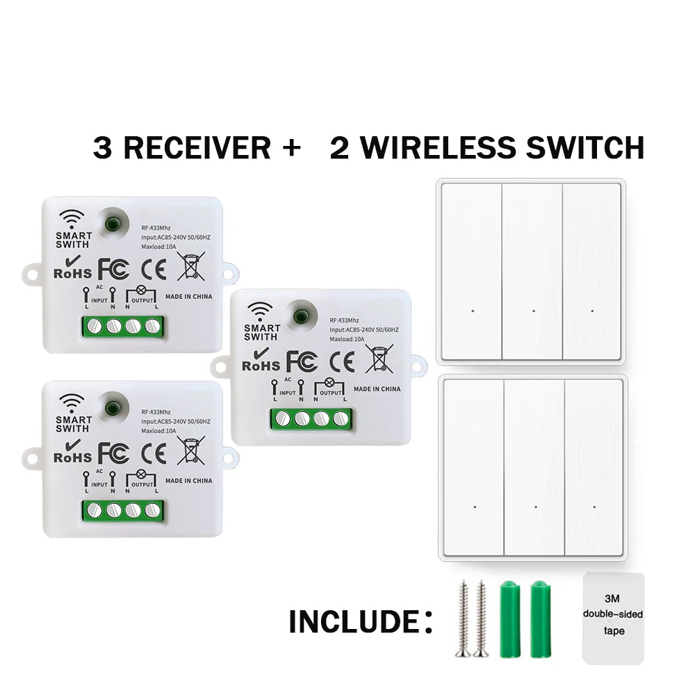 433Mhz Wireless Light Switch Without Neutral Wiring and 1/2/3gang Wall Panel Switch On Off 10A 110V 220V Receiver for Lamp Fan