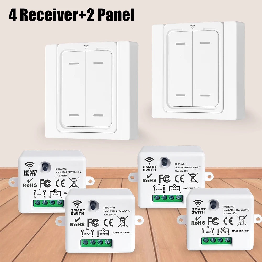 Interruptor de luz sem fio 433Mhz Mini controle remoto, 110V 220V 10A Relé inteligente Receptor, 1/2/3/4Gang Painel de interruptor de parede, Ventilador de lâmpada LED