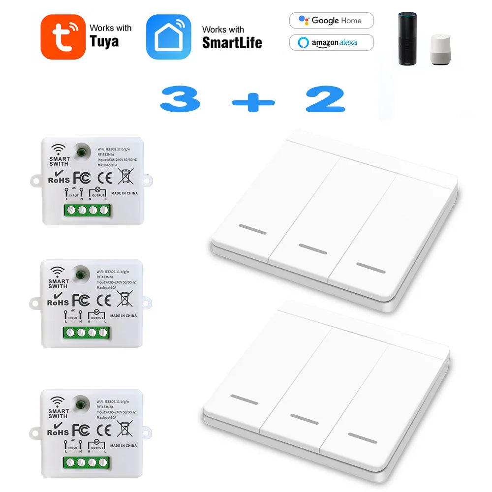 Mini Módulo WIFI Tuya Interruptor de Luz Inteligente Painel de Parede Botão Interruptor 433MHZ Controle Remoto Elétrico Sem Fio para Casa 220V 10A