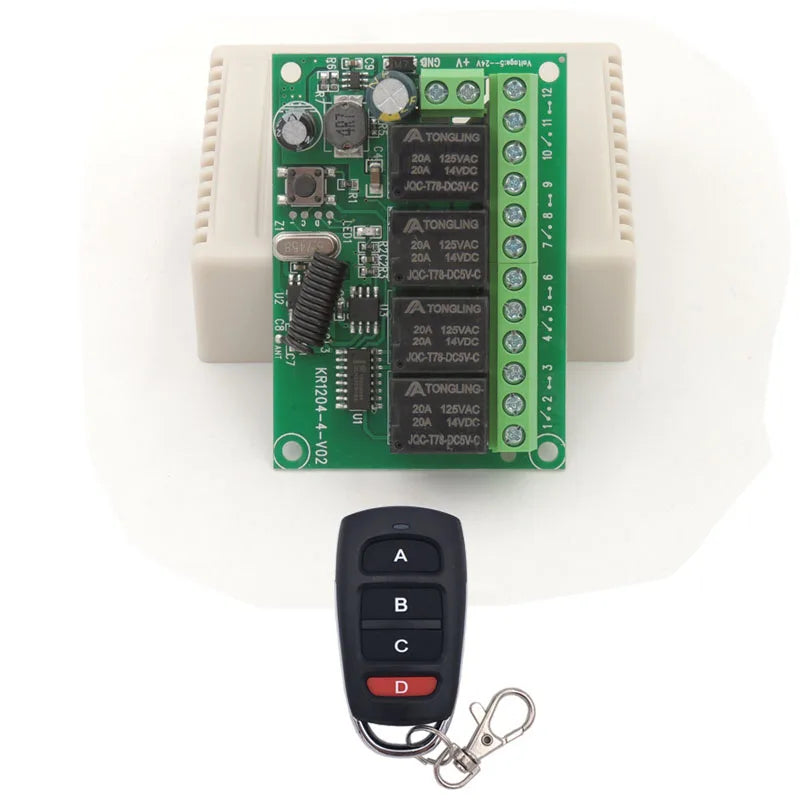 433MHz Universal Remote Control DC 12V 24V 4CH RF Wireless Relay Receiver and Transmitter,for Garage/Light/Motor/LED