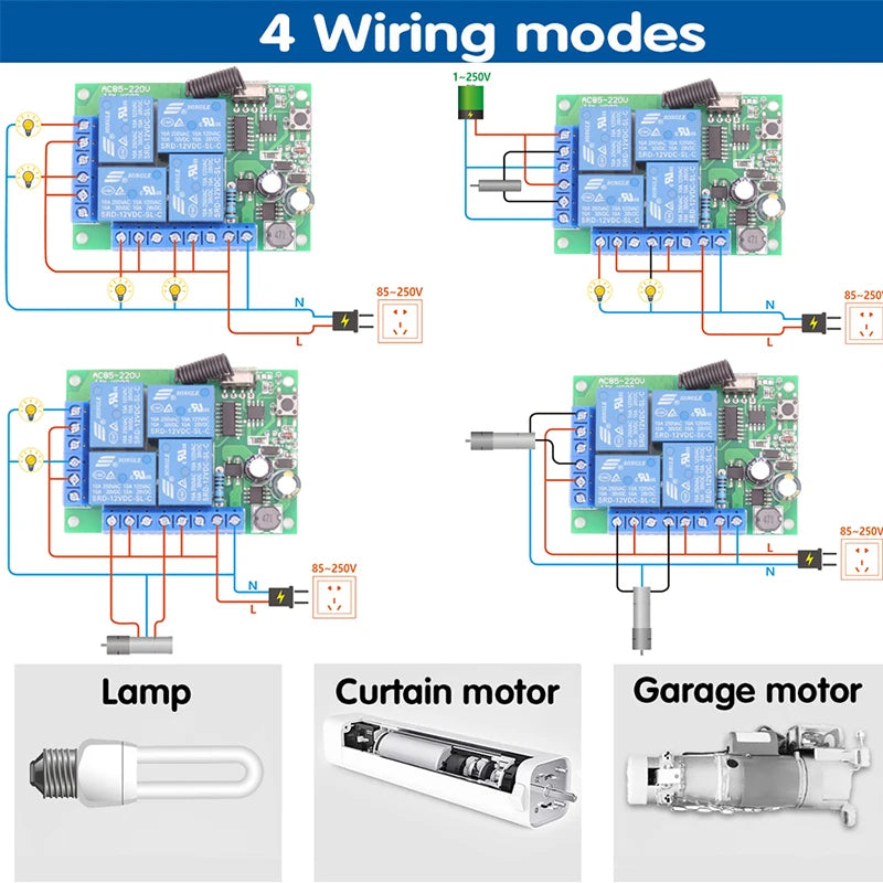 433Mhz AC 220V 110V 4CH Remote Control Switch, AC 85V~220V 4 Channels Relay Receiver Module for Garage Door/ Light/ Motor /Gate