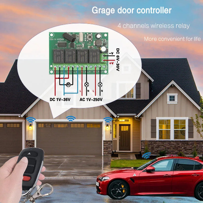 433MHz Universal Remote Control DC 12V 24V 4CH RF Wireless Relay Receiver and Transmitter,for Garage/Light/Motor/LED