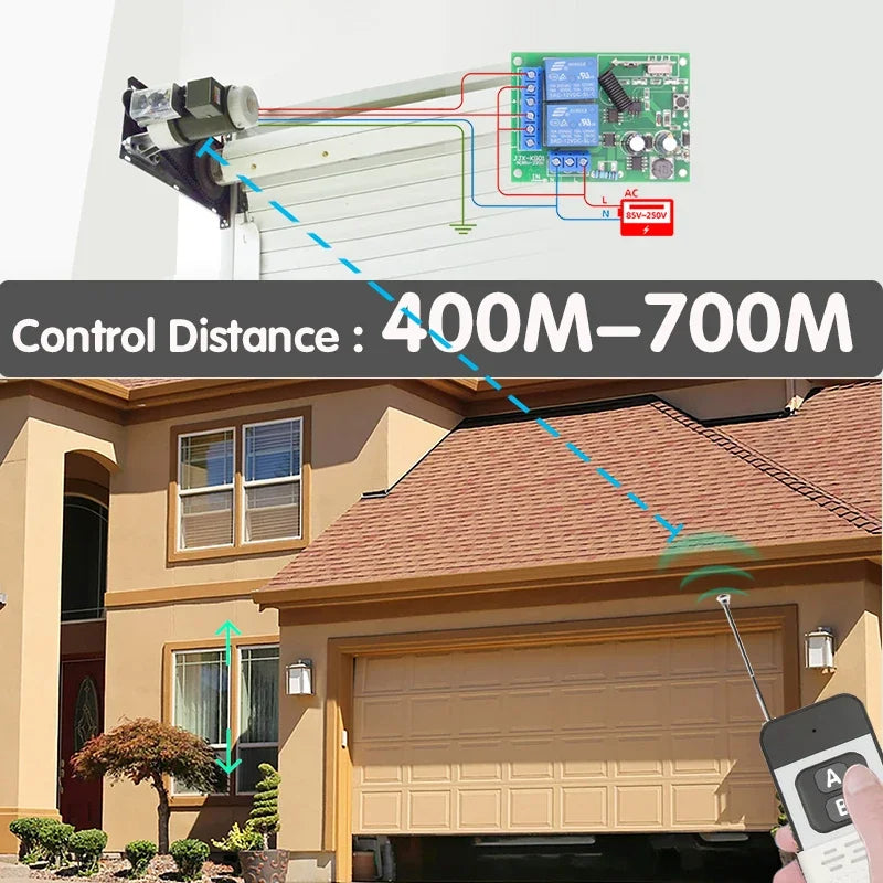 433Mhz RF Remote Control AC 220V 110V 2 Channel Relay Receiver, Garage Remote Control 600M Long Distance Transmitter