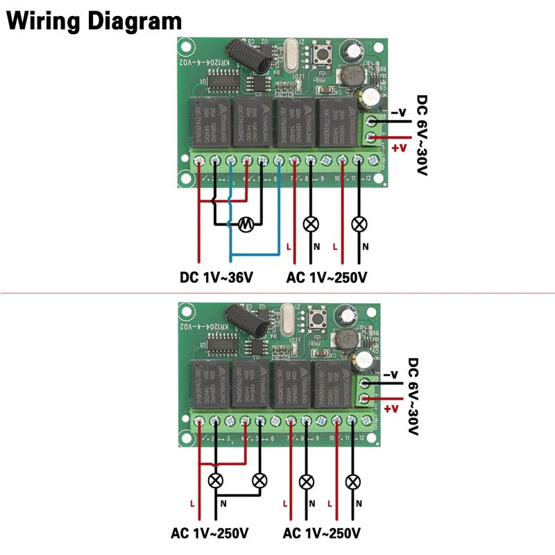 433MHz Universal Remote Control DC 12V 24V 4CH RF Wireless Relay Receiver and Transmitter,for Garage/Light/Motor/LED