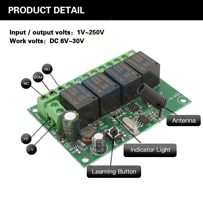 433MHz Universal Remote Control DC 12V 24V 4CH RF Wireless Relay Receiver and Transmitter,for Garage/Light/Motor/LED