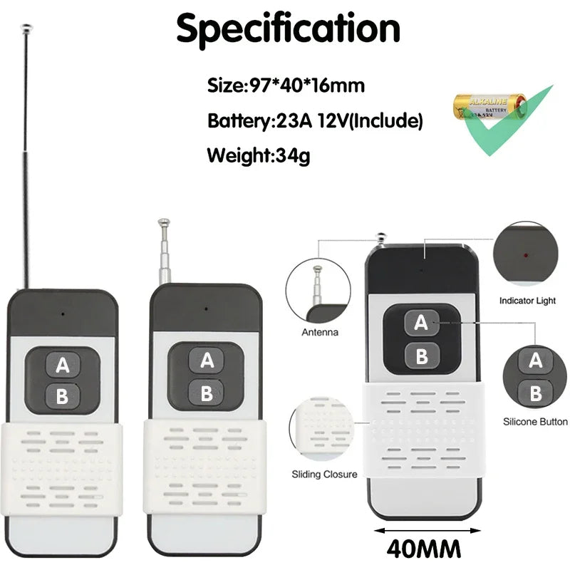 433Mhz RF Remote Control AC 220V 110V 2 Channel Relay Receiver, Garage Remote Control 600M Long Distance Transmitter