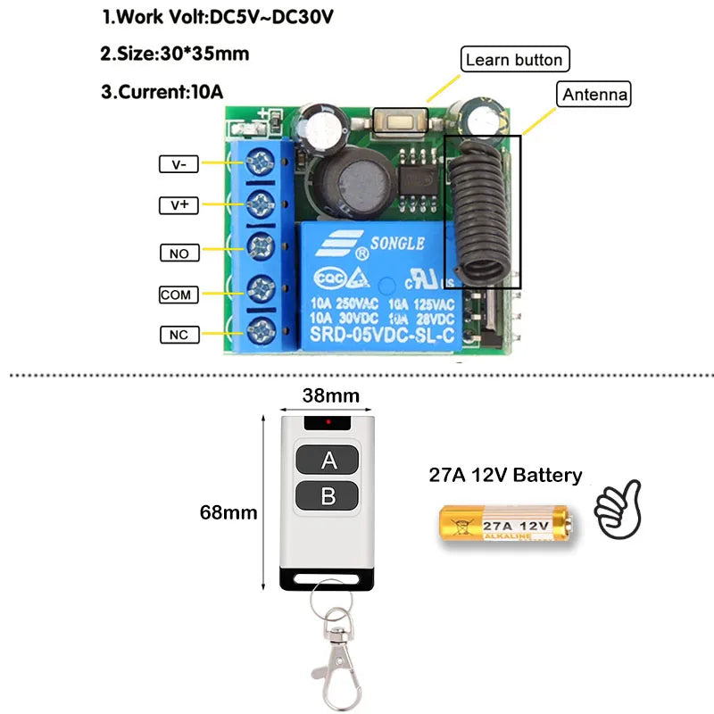 433 Mhz Universal Remote Control Wireless Switch 5V 30V 10A 1 Channel Radio Receiver 80 Meters Remote Control for Gate Door Led