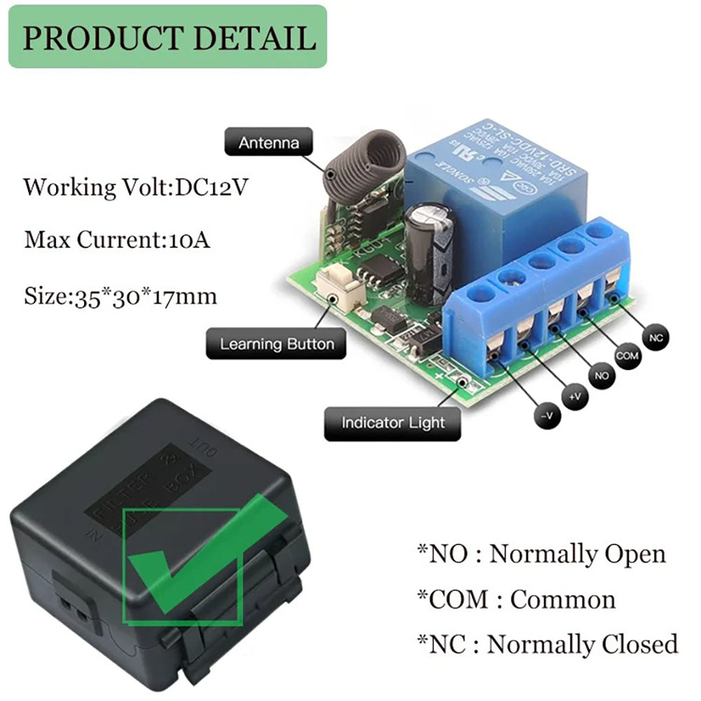 Interruptor de controle remoto sem fio 433 mhz DC 12V 10A 1CH relé receptor para motor de portão de garagem luz ON OFF transmissor