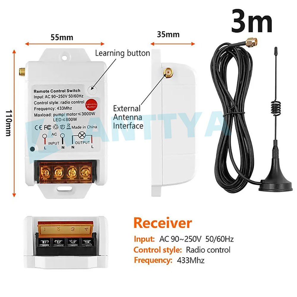 3000m de longa distância sem fio RF433MHz universal 30A relé receptor de alta potência para controle remoto de luz de ventilador interruptor