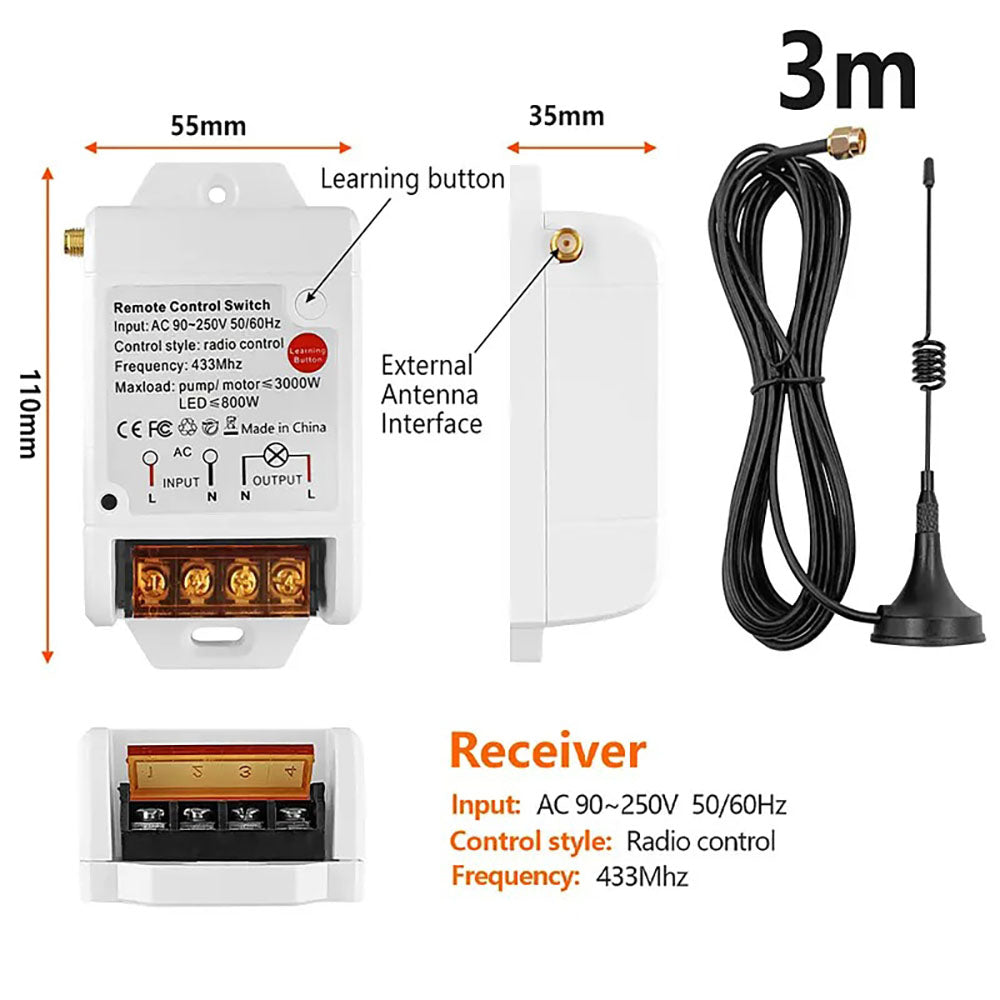 3000m de longa distância sem fio RF433MHz universal 30A relé receptor de alta potência para controle remoto de luz de ventilador interruptor