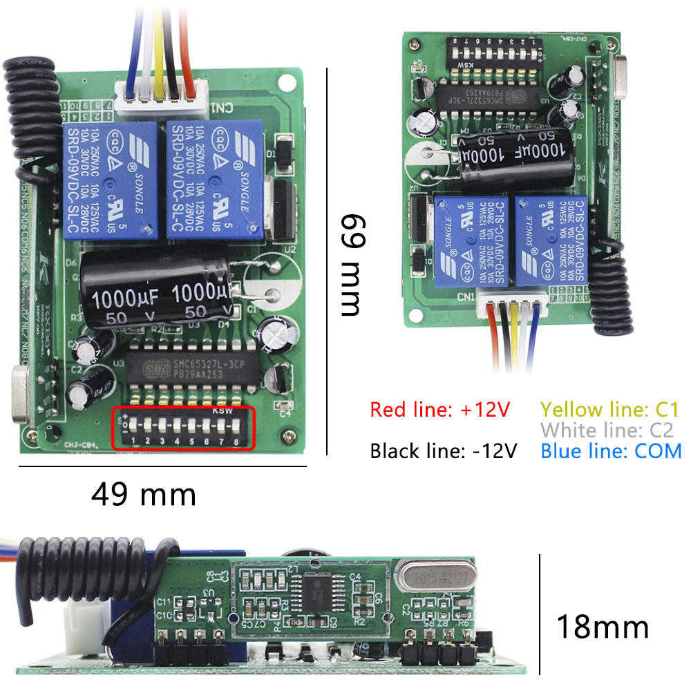 433MHz Auto Gate Door Wireless Remote Controller Switch Set 12V 8dip SMC5326 2CH Relay Receiver and Transmitter