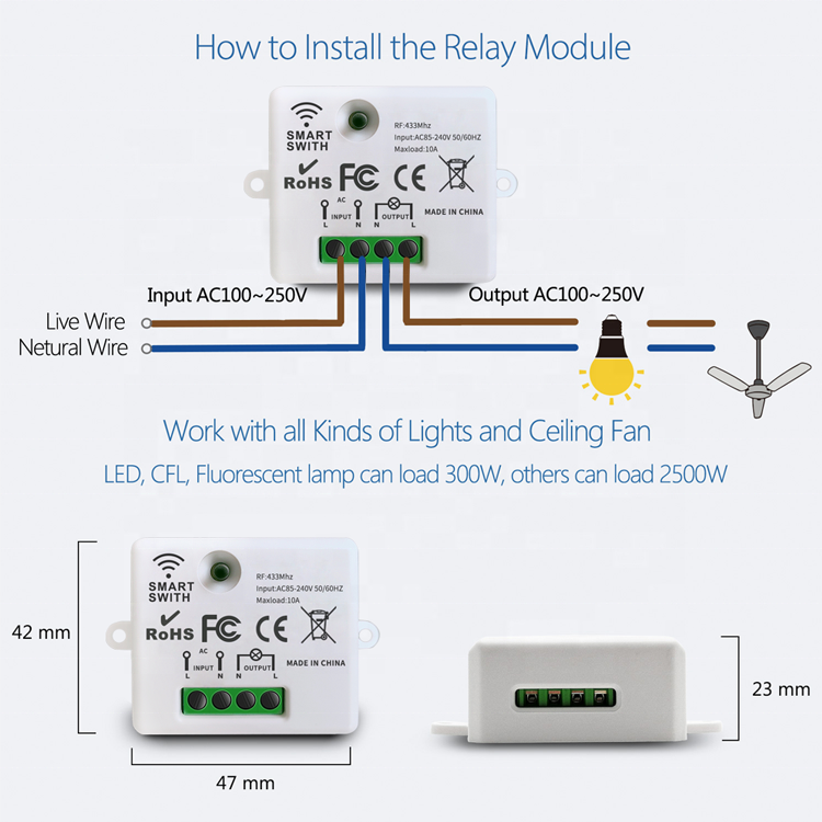 433Mhz Controle Remoto Sem Fio AC220V Universal RF Relé Módulo Receptor Luz Controle Remoto Para Luz Led