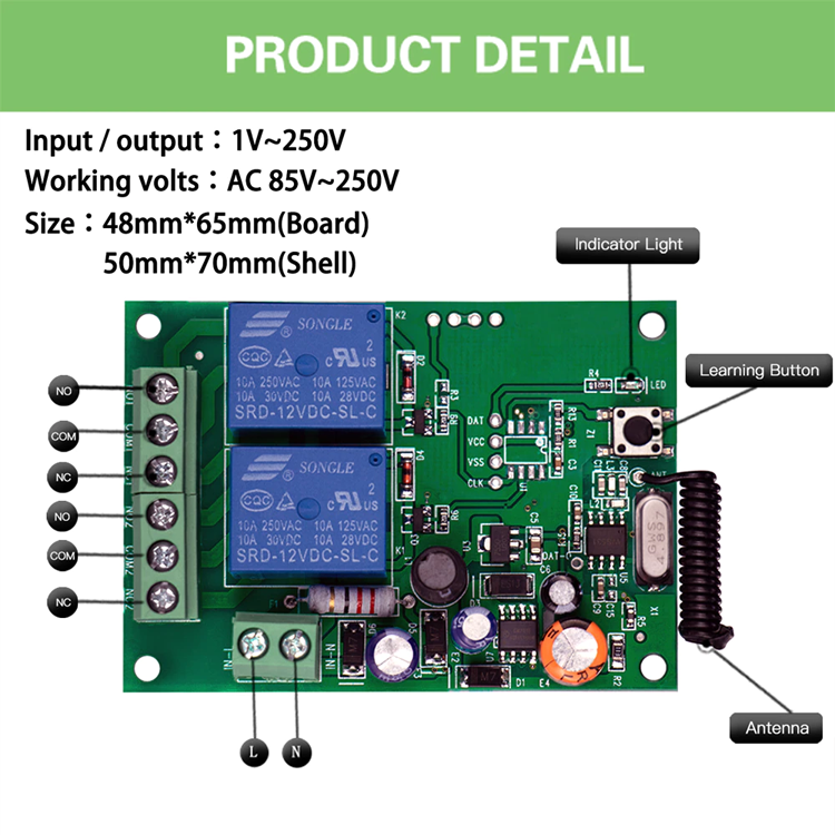 DC12V 24V 2 channel 10A relays 433mhz wireless rf receiver with wireless remote control 2 relays wireless outputs