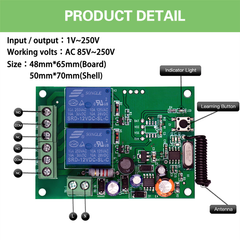 Relés de 2 canais 10A 433mhz DC12V 24V receptor rf sem fio com controle remoto sem fio 2 relés saídas sem fio