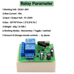 433 MHz DC6-30V Wireless 2CH RF Transmissor Controle Remoto Interruptor + Relé RF Receptor Para Abridor De Porta De Garagem Leve 