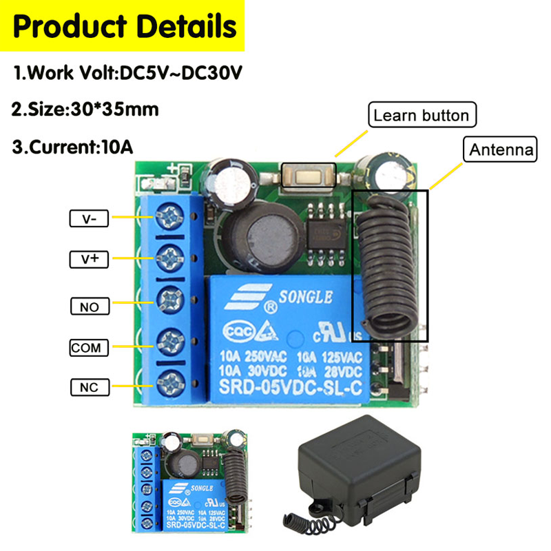 433 Mhz Universal Wireless Remote Control Switch DC 12V 1CH Relay Receiver Module and RF Transmitter Electronic Lock Control Diy