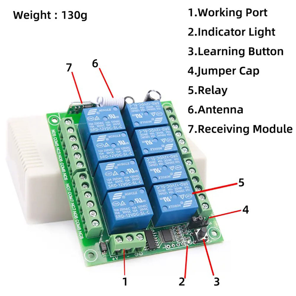 433MHz DC 12V sem fio 8 canais interruptor de controle remoto 10A módulo de relé receptor