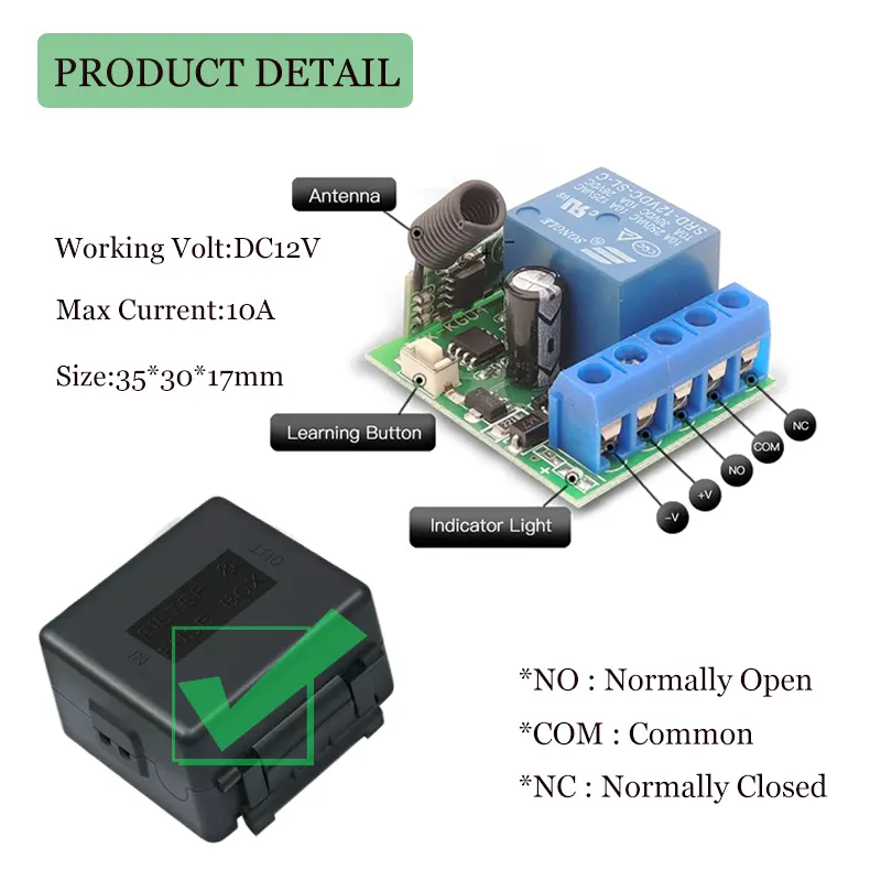 Módulo receptor de relé 1CH Interruptor de controle sem fio DC 12V Transmissor RF 433Mhz Controles remotos