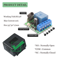 Módulo receptor de relé 1CH Interruptor de controle sem fio DC 12V Transmissor RF 433Mhz Controles remotos