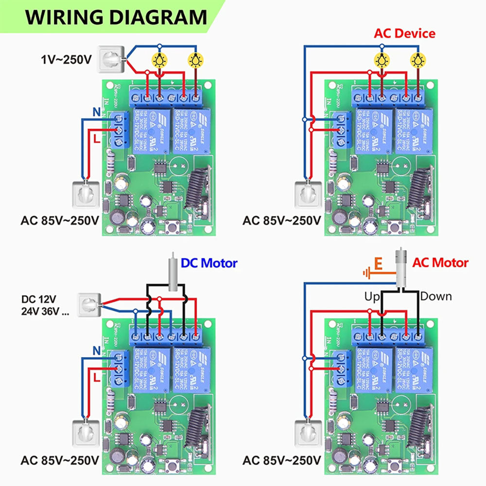 433MHz AC 110V 220V 2CH Universal Remote Control Switch Gate Motor Controller Module 10A Relay Receiver Transmitter