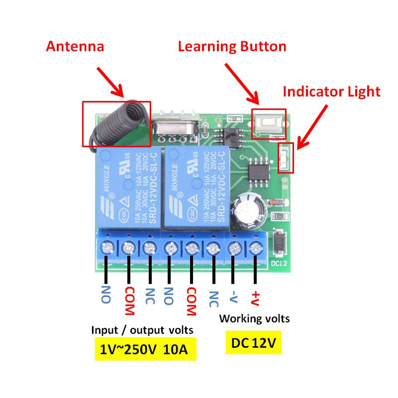 Módulo de relé de controle remoto RF sem fio de 12 V, interruptor, receptor de 50 M, canal de 2 canais para motor DC, porta automática