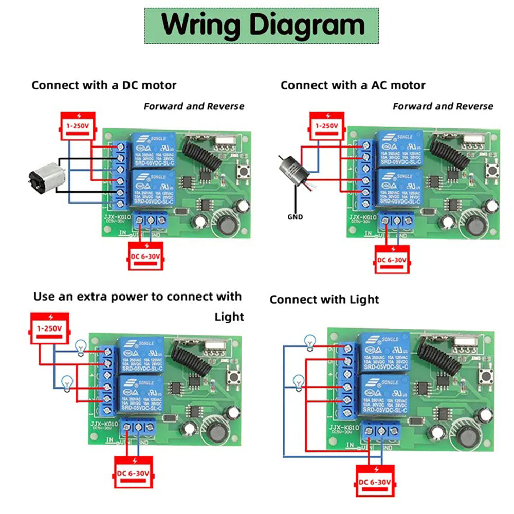 433 MHz DC6-30V Wireless 2CH RF Transmitter Remote Control Switch + RF Relay Receiver For Light Garage Door Opener