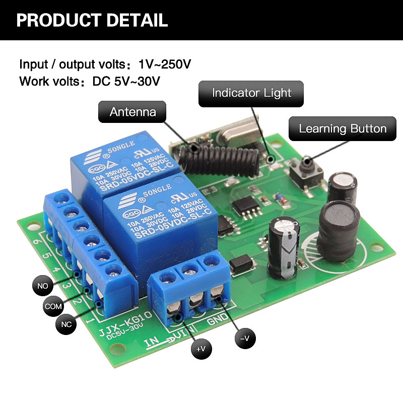 2 Canal DC 24V relé 433MHZ Wireless RF Receiver Controlador ON OFF para Alarme de Segurança Motocicletas Porta de Garagem