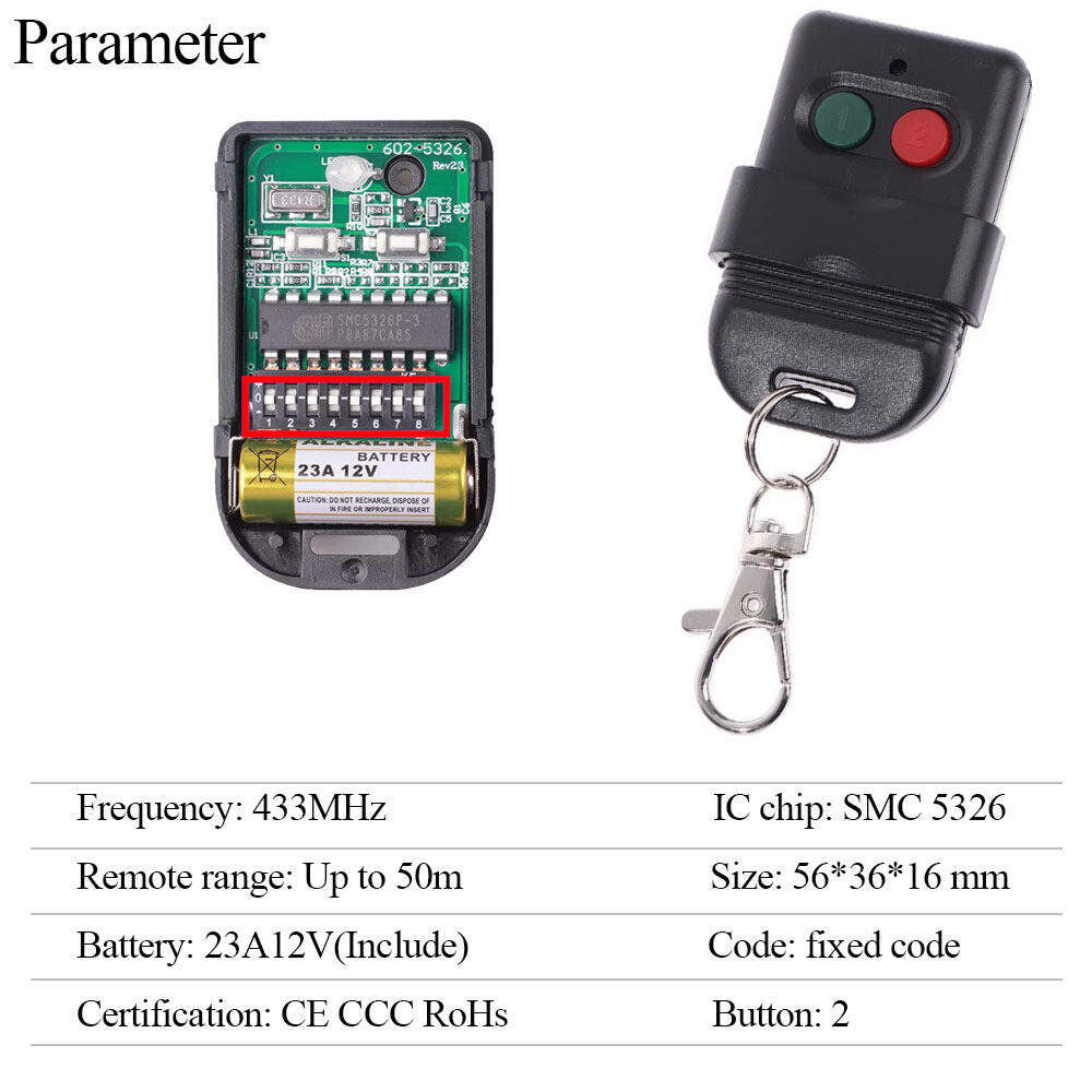 433MHz Auto Gate Door Wireless Remote Controller Switch Set 12V 8dip SMC5326 2CH Relay Receiver and Transmitter