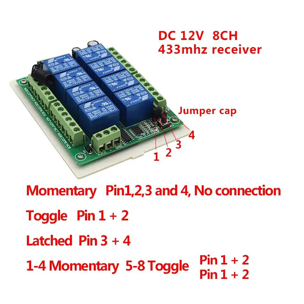 433MHz DC 12V sem fio 8 canais interruptor de controle remoto 10A módulo de relé receptor