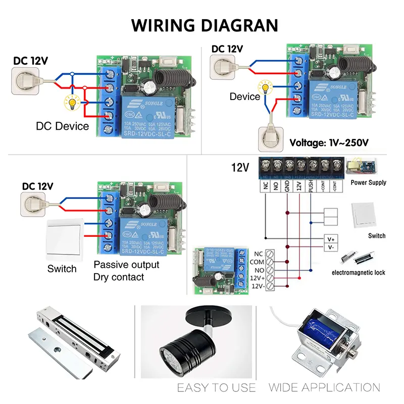 Módulo receptor de relé 1CH Interruptor de controle sem fio DC 12V Transmissor RF 433Mhz Controles remotos