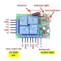 433MHz 220V 4CH RF Sistema de controle remoto sem fio Receptor RF Módulo receptor de relé para interruptor de luz de porta de garagem