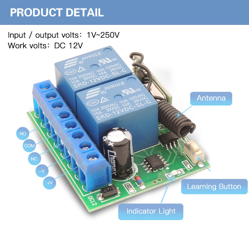 Módulo de relé de controle remoto RF sem fio de 12 V, interruptor, receptor de 50 M, canal de 2 canais para motor DC, porta automática