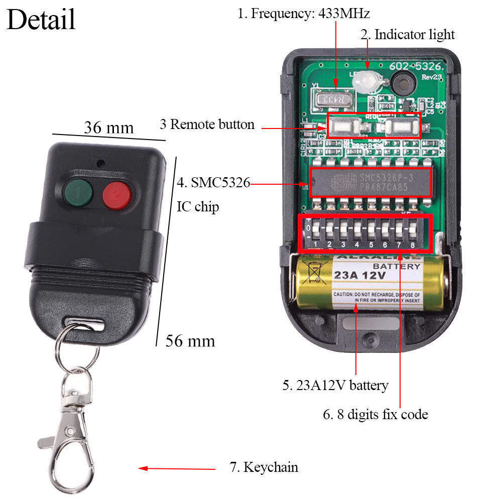 433MHz Auto Gate Door Wireless Remote Controller Switch Set 12V 8dip SMC5326 2CH Relay Receiver and Transmitter