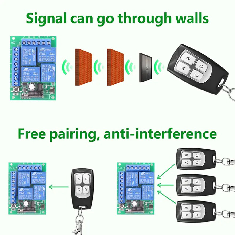 DC12V 433Mhz 4 channel wireless learning code 12V remote control switch and controller kit for door gate