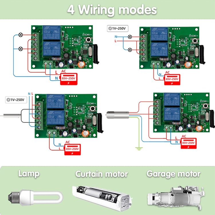 DC12V 24V 2 channel 10A relays 433mhz wireless rf receiver with wireless remote control 2 relays wireless outputs