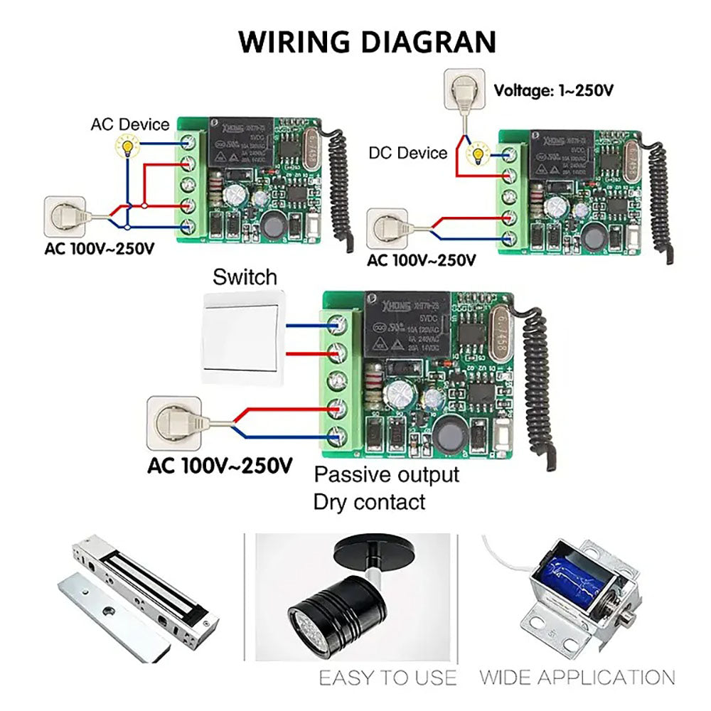 220V Wireless Light Switch 433MHz Dry Contact Remote Control Switch Mini 10A Relay Module Wall Panel for Garage Control/Lock/LED