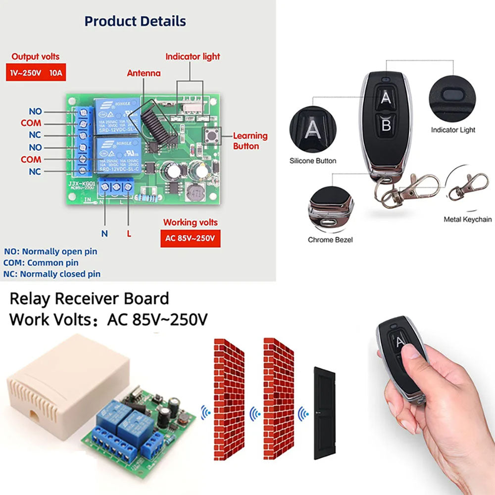 433MHz AC 110V 220V 2CH Universal Controle Remoto Interruptor Portão Motor Controlador Módulo 10A Relé Receptor Transmissor 